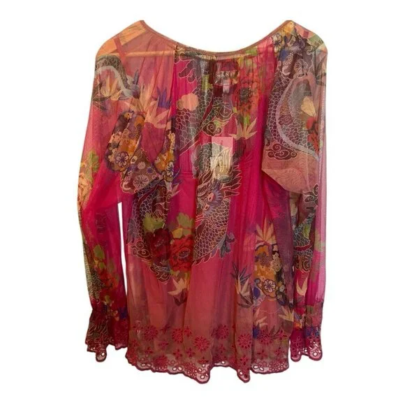 JOHNNY WAS Mazzy Floral Print Embroidered Mesh Large Split V-Neck Peasant Blouse - Picture 5 of 13